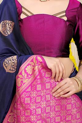 Navy blue banarasi silk blend saree with  zari butta & magenta pink woven border 4