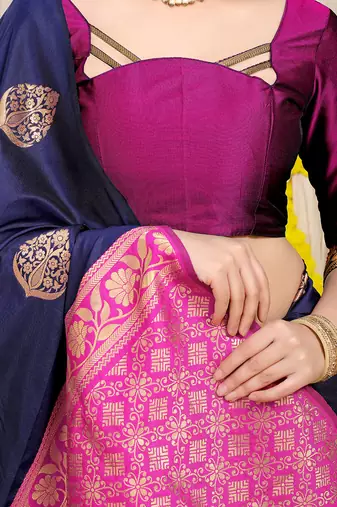 Navy blue banarasi silk blend saree with  zari butta & magenta pink woven border
