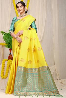 Yellow banarasi silk blend saree with  zari butta & turquoise woven border 2