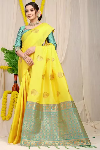 Yellow banarasi silk blend saree with  zari butta & turquoise woven border
