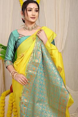 Yellow banarasi silk blend saree with  zari butta & turquoise woven border 3
