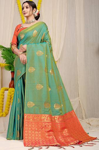 Sea green banarasi silk blend saree with  zari butta & orange woven border
