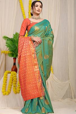 Sea green banarasi silk blend saree with  zari butta & orange woven border 2
