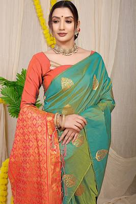 Sea green banarasi silk blend saree with  zari butta & orange woven border 3