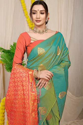 Sea green banarasi silk blend saree with  zari butta & orange woven border