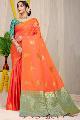 Orange banarasi silk blend saree with  zari butta & sea green woven border 1