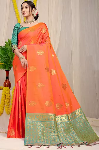 Orange banarasi silk blend saree with  zari butta & sea green woven border