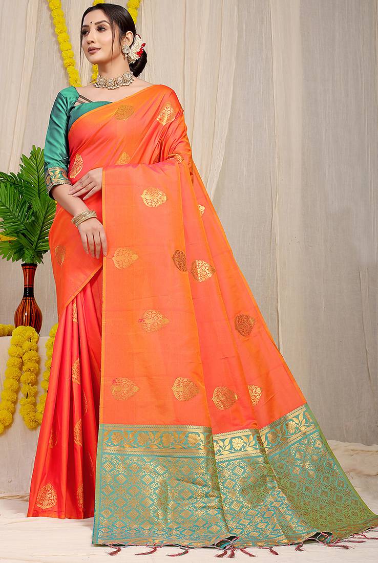 Orange banarasi silk blend saree with  zari butta & sea green woven border