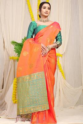 Orange banarasi silk blend saree with  zari butta & sea green woven border 2