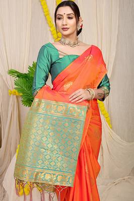 Orange banarasi silk blend saree with  zari butta & sea green woven border 3
