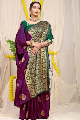 Dark purple banarasi silk blend saree with  zari butta & bottle green woven border 2