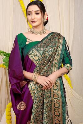 Dark purple banarasi silk blend saree with  zari butta & bottle green woven border 3