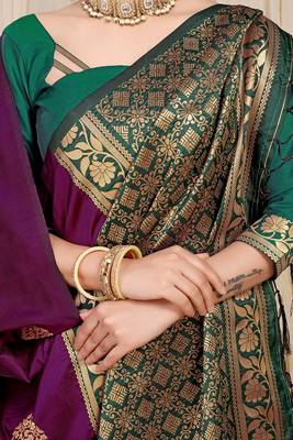 Dark purple banarasi silk blend saree with  zari butta & bottle green woven border 4