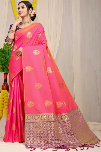 Pink banarasi silk blend saree with  zari butta & purple woven border