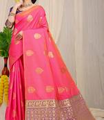 Pink banarasi silk blend saree with  zari butta & purple woven border