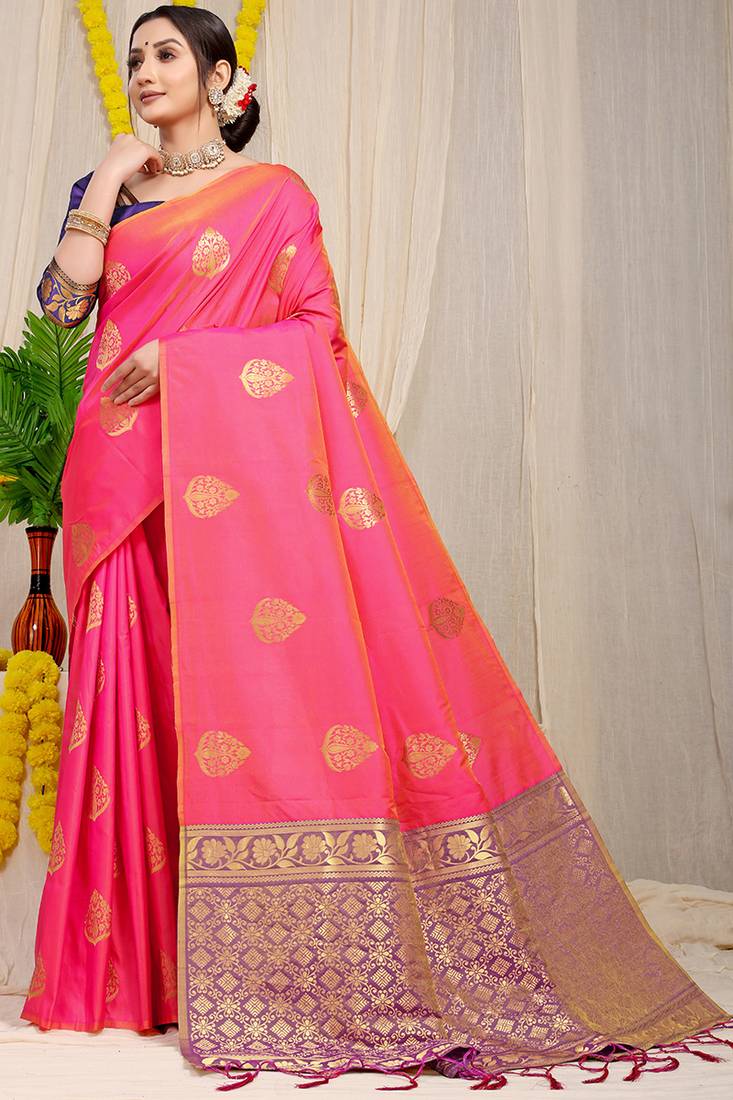 Pink banarasi silk blend saree with  zari butta & purple woven border