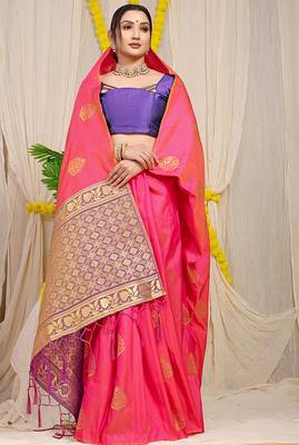 Pink banarasi silk blend saree with  zari butta & purple woven border 2