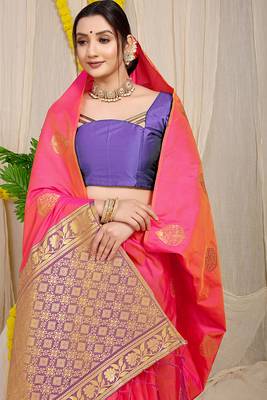 Pink banarasi silk blend saree with  zari butta & purple woven border 3