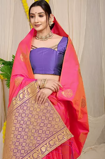 Pink banarasi silk blend saree with  zari butta & purple woven border