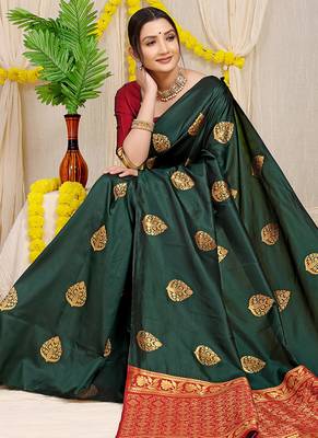 Bottle green banarasi silk blend saree with  zari butta & maroon woven border 2