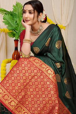 Bottle green banarasi silk blend saree with  zari butta & maroon woven border 3