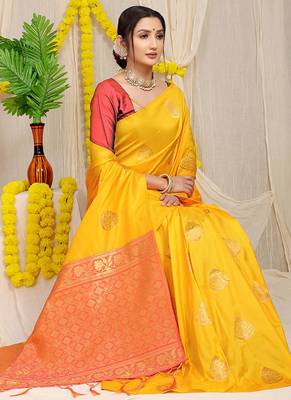 Mustard yellow banarasi silk blend saree with  zari butta & coral orange woven border 2