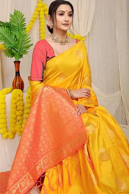 Mustard yellow banarasi silk blend saree with  zari butta & coral orange woven border 3