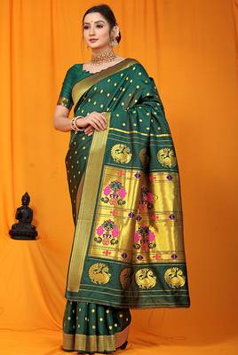 Bottle green paithani silk blend saree with gold zari border & peacock pallu 1