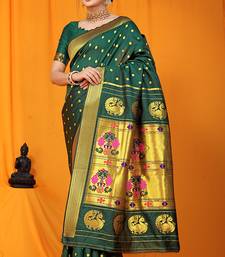 Bottle green paithani silk blend saree with gold zari border & peacock pallu