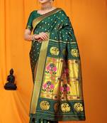 Bottle green paithani silk blend saree with gold zari border & peacock pallu