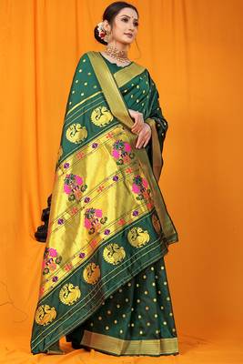 Bottle green paithani silk blend saree with gold zari border & peacock pallu 2