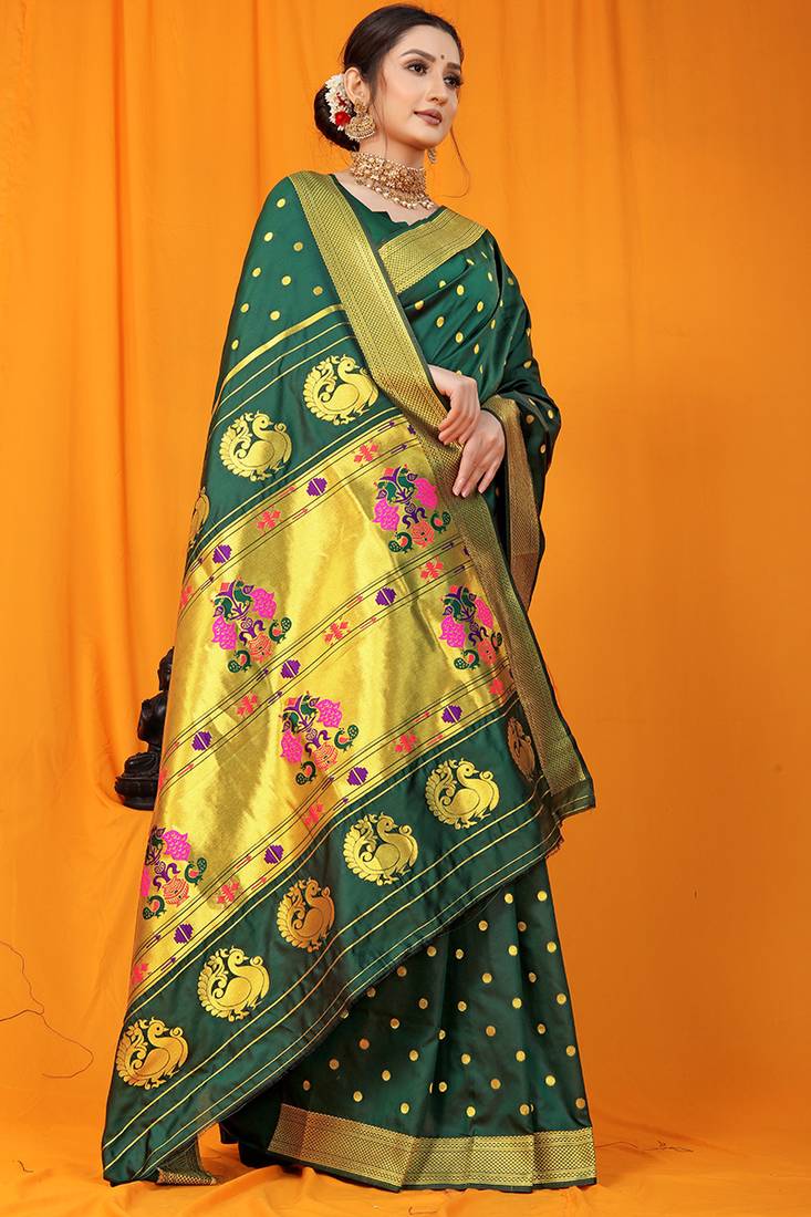 Bottle green paithani silk blend saree with gold zari border & peacock pallu