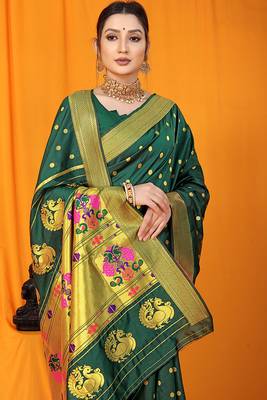Bottle green paithani silk blend saree with gold zari border & peacock pallu 3