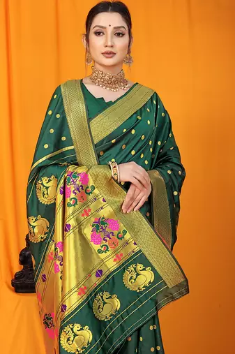 Bottle green paithani silk blend saree with gold zari border & peacock pallu