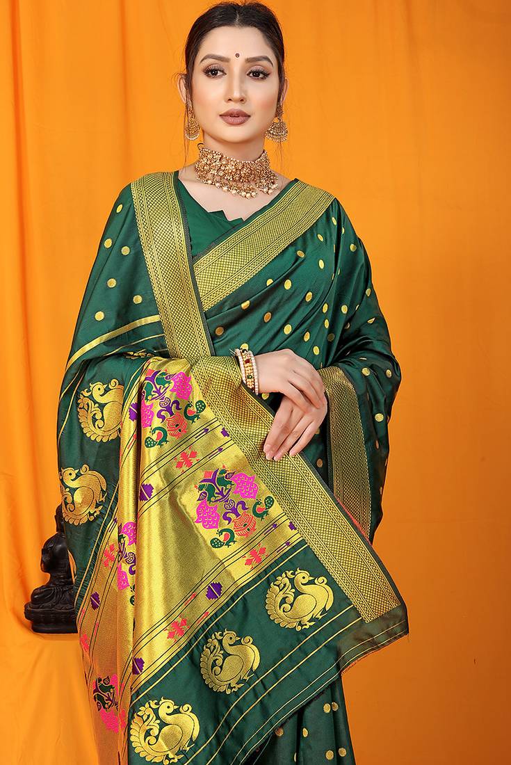 Bottle green paithani silk blend saree with gold zari border & peacock pallu