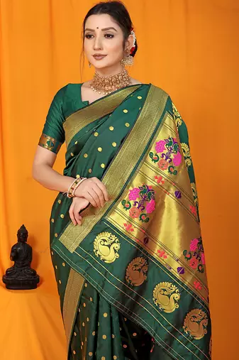 Bottle green paithani silk blend saree with gold zari border & peacock pallu