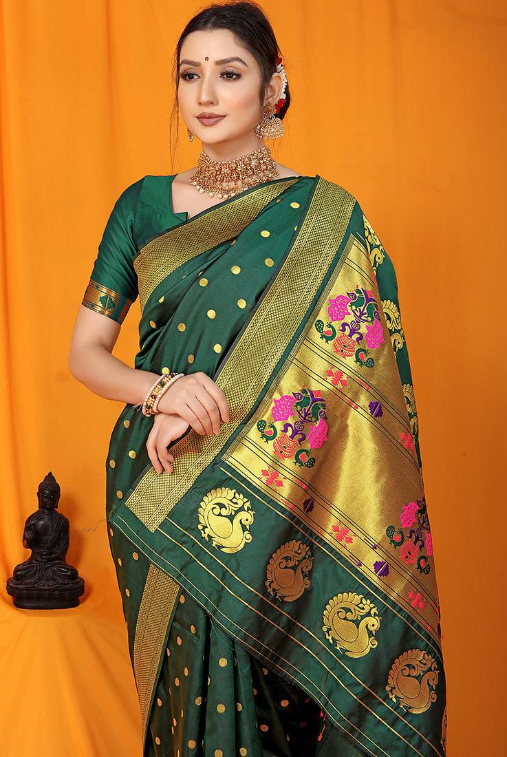 Bottle green paithani silk blend saree with gold zari border & peacock pallu