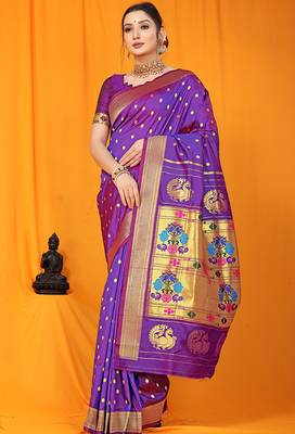 Purple paithani silk blend saree with gold zari border & peacock pallu 1