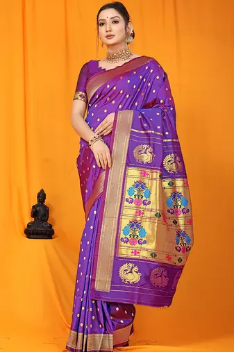 Purple paithani silk blend saree with gold zari border & peacock pallu