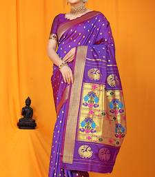 Purple paithani silk blend saree with gold zari border & peacock pallu