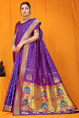 Purple paithani silk blend saree with gold zari border & peacock pallu 2