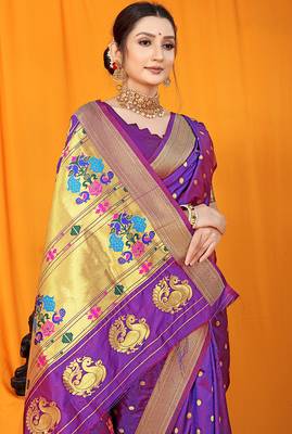 Purple paithani silk blend saree with gold zari border & peacock pallu 4