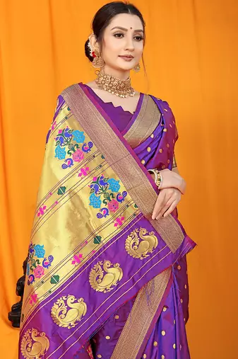Purple paithani silk blend saree with gold zari border & peacock pallu