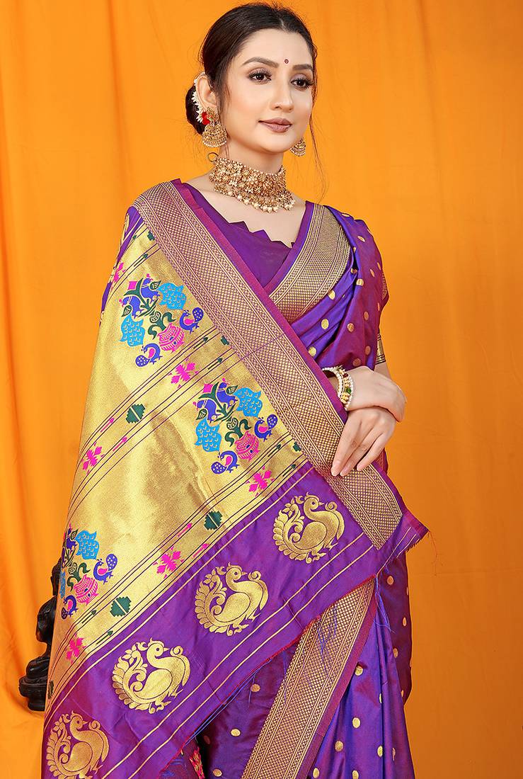 Purple paithani silk blend saree with gold zari border & peacock pallu