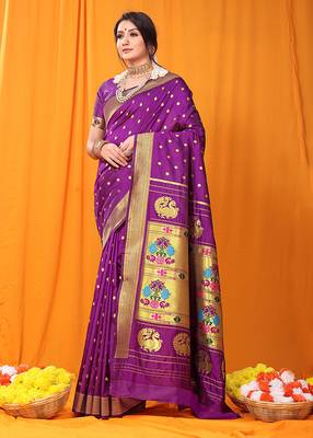 Magenta purple paithani silk blend saree with gold zari border & peacock pallu 1