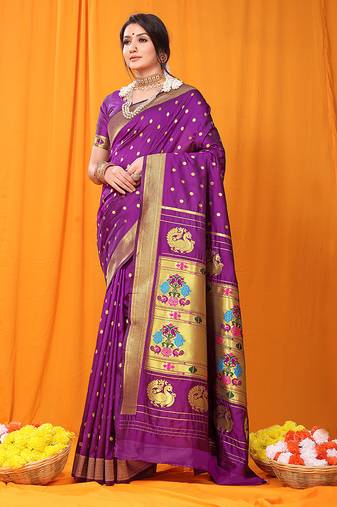 Magenta purple paithani silk blend saree with gold zari border & peacock pallu