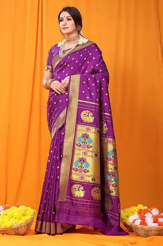 Magenta purple paithani silk blend saree with gold zari border & peacock pallu