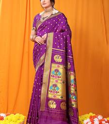 Magenta purple paithani silk blend saree with gold zari border & peacock pallu