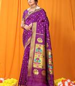 Magenta purple paithani silk blend saree with gold zari border & peacock pallu