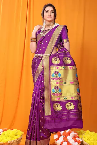 Magenta purple paithani silk blend saree with gold zari border & peacock pallu